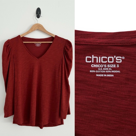 Chico's Tops - Chico's Women XL Paprika Brown 3/4 Puff Sleeve Cotton Slub Romantic Tee Top NWT